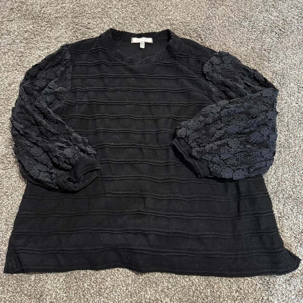 Eri + Ali Anthro Black Textured Knit Top with Floral Lace Sleeves, Size S